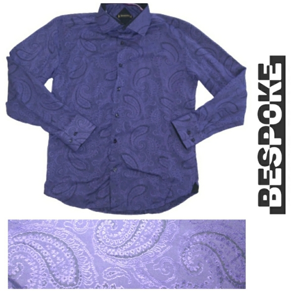 Bespoke Other - Bespoke Mens Paisley Print Button Down Dress Shirt Long Sleeve Purple Size XL